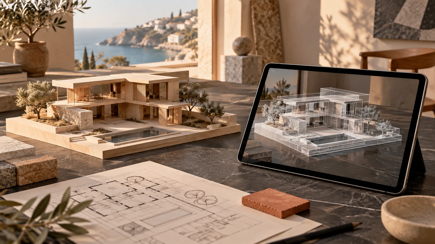 Illustration conceptuelle d’une maquette architecturale et de sa représentation spatiale.